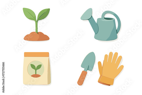 Essential gardening tools and plant sprout with seed bag, watering can, and gloves for cultivation and growth