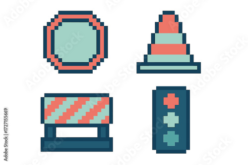 Collection of pixel art style road construction and traffic control icons including stop sign, cone, barrier, and signal