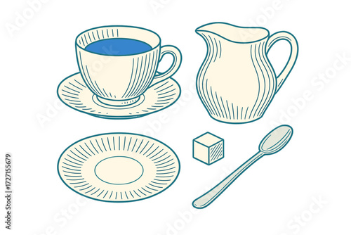 Elegant classic teacup with saucer, milk jug, sugar cube, and spoon set for serving hot beverages