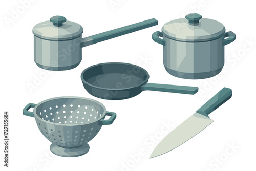 Comprehensive collection of essential kitchen cookware and utensils, including a saucepan, stockpot, frying pan, colander, and chef's knife for culinary tasks