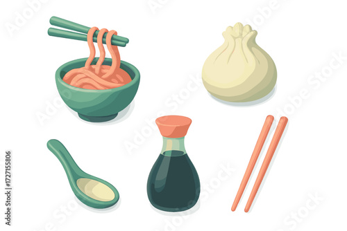 Stylized Asian cuisine elements with noodles, dumpling, soy sauce, and dining utensils for food and restaurant designs