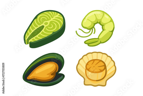 Assortment of fresh seafood items including salmon steak, peeled shrimp, green mussel, and scallop in shell