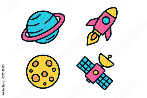 Brightly colored space exploration icons including a ringed planet, launching rocket, cratered moon, and orbiting satellite