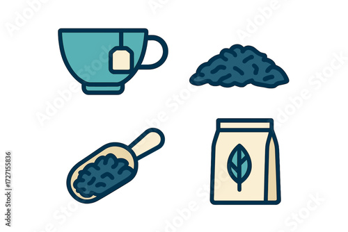 Assortment of essential tea items including a teacup, tea bag, loose leaves, scoop, and package for hot beverage preparation