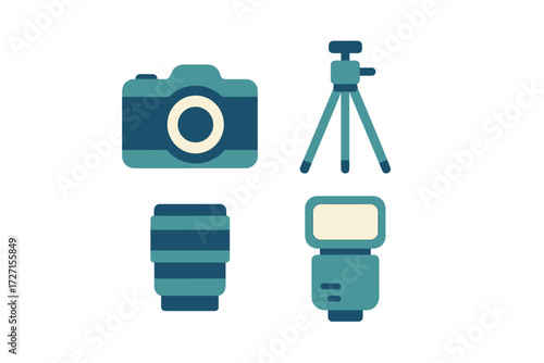 Essential photography equipment set including camera, lens, tripod, and flash accessories