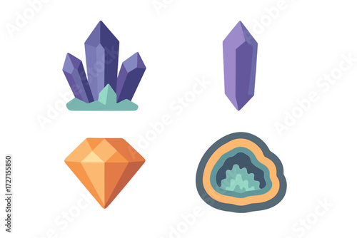 Stylized collection of colorful natural mineral crystals, precious faceted diamond, and unique geode formations