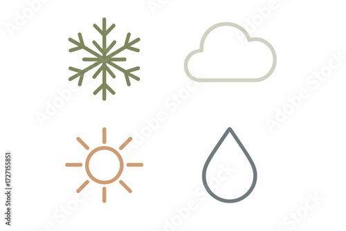Collection of weather forecast symbols including snowflake, cloud, sun, and rain drop for climate conditions