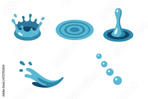 Set of diverse water effects in blue tones showing a splash crown water ripples a single drop a flowing wave and ascending bubbles