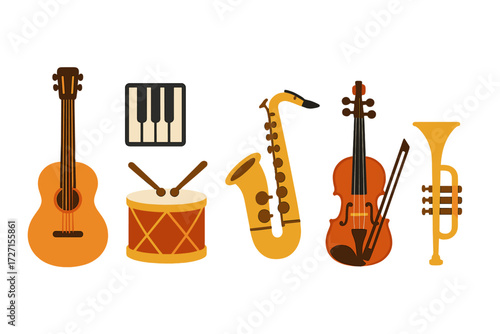 Vibrant collection of diverse musical instruments arranged together, featuring guitar, piano, drum, saxophone, violin, and trumpet