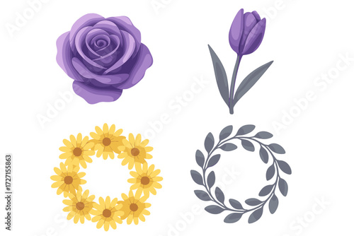 Beautiful floral collection featuring purple rose, elegant tulip, vibrant yellow daisy wreath, and sophisticated grey leaf wreath design elements