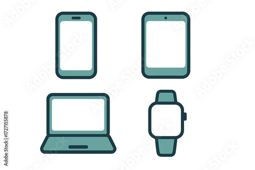 Modern digital devices set featuring a mobile phone, tablet computer, portable laptop, and wearable smartwatch for technology concepts