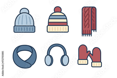 Collection of warm winter clothing accessories including hats, scarves, mittens, and earmuffs for cold weather protection