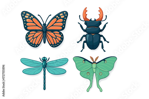 Vibrant collection of various insects including butterfly, stag beetle, dragonfly, and luna moth on white