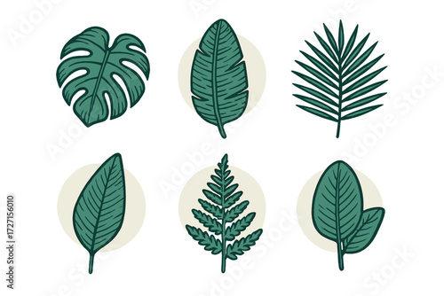 Assortment of diverse green tropical leaves and botanical elements in a stylized hand drawn aesthetic for nature inspired designs and patterns