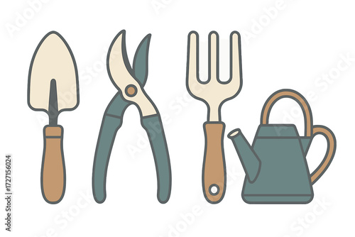Essential gardening tools set including a hand trowel, pruning shears, cultivator, and watering can for planting and maintenance
