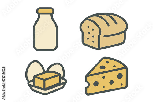 Simple graphic icons representing a selection of essential dairy and bakery products including milk, bread, eggs, butter, and cheese for a healthy lifestyle