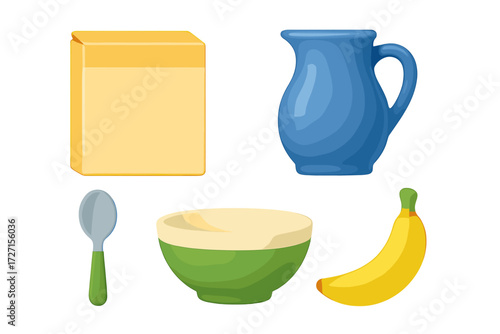 Colorful breakfast items including yellow cereal box, blue pitcher, green spoon, two-tone bowl, and ripe banana
