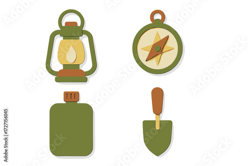 Collection of outdoor adventure essentials including a vintage lantern, directional compass, hydration canteen, and digging shovel
