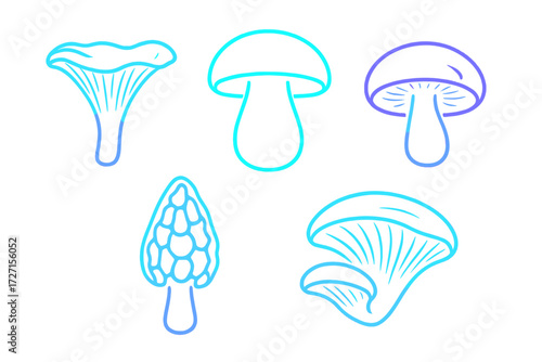 Modern stylized collection of diverse mushroom outlines featuring a vibrant blue and purple gradient on a clean white background
