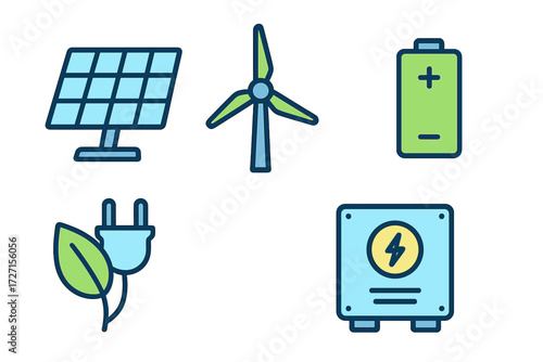 Sustainable energy sources and green power generation elements with solar panel, wind turbine, battery, and electric plug