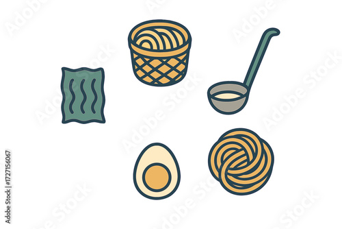 Culinary ingredients and kitchen tools for preparing noodle dishes, including pasta, a boiled egg, a ladle, and a basket of noodles