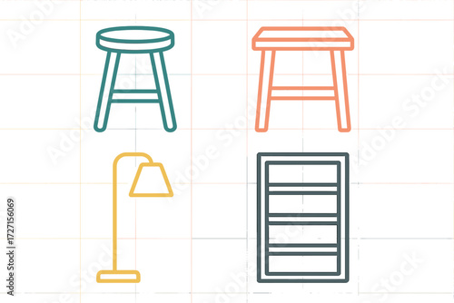 Modern minimalist home furniture icons including stools, a floor lamp, and a multi-shelf cabinet for interior design
