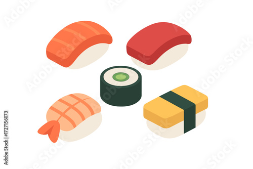 Delicious traditional Japanese sushi and maki rolls with salmon, tuna, shrimp, and tamago presented on a plate