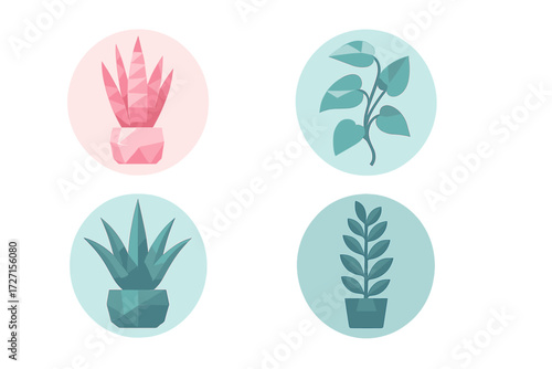 Stylized geometric potted house plants with faceted leaves and modern minimalist design in pastel colors for home decor