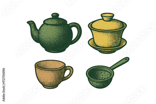 Traditional tea ceremony items including teapot, gaiwan, teacup, and strainer in a rustic vintage style