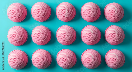 Pink strawberry ice cream pattern on pastel blue background. wallpaper, Summer minimalism. Isometric flat lay. 