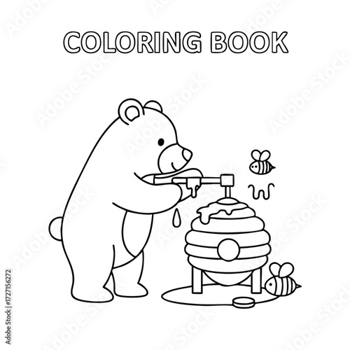 A playful bear interacts with a honey pot while bees buzz around in a whimsical coloring book scene.