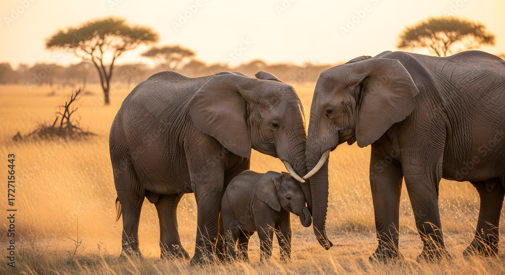 Fototapeta premium A stunning shot of two adult African elephants and their baby sharing a loving moment on the savanna at sunset, symbolizing family, protection, and wildlife conservation.