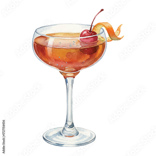 Watercolor Vector of Manhattan Cocktail with Cherry Garnish on White Background