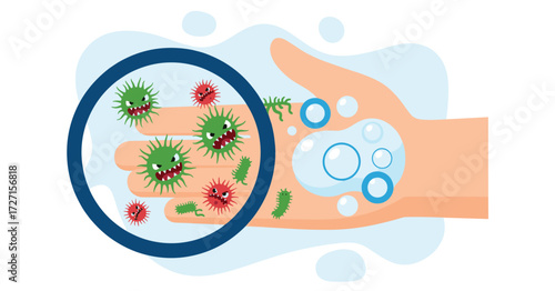 Close up of cartoon germs and bacteria on a human hand under a magnifying glass.
