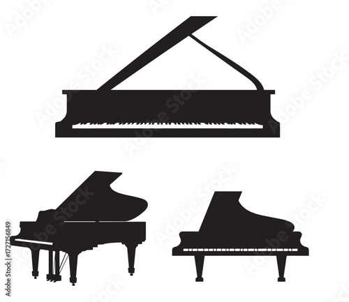 black and white silhouette vector set of grand piano