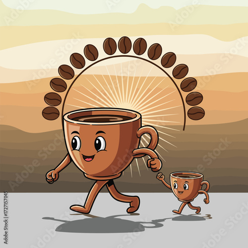 Coffee cup character vector, walking hand-in-hand illustration, sunrise landscape, coffee bean sunburst, cozy animated design, warm beverage artwork