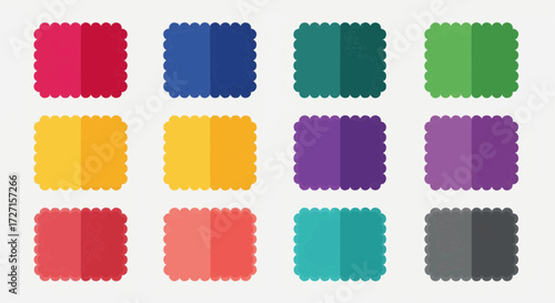 A vibrant collection of twelve unique, scalloped color swatches arranged neatly on a light background, showcasing a diverse spectrum of hues perfect for design and creative projects