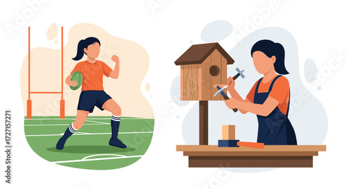 Woman playing rugby and building a birdhouse illustration.