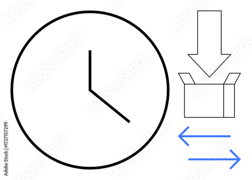 Black clock symbolizing time, box and arrows portraying exchange or process flow. Ideal for productivity, workflow, scheduling, time tracking, process optimization, logistics, simple flat metaphor