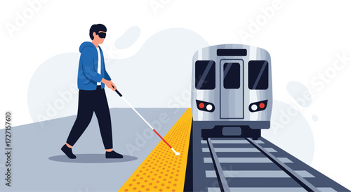 Blind person with cane on train platform near tracks.