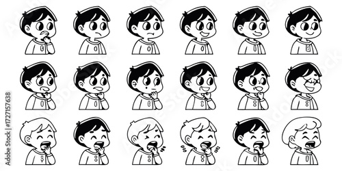 Diverse cartoon boy facial expressions showcase a range of emotions from happy and thoughtful to sick, ideal for character design