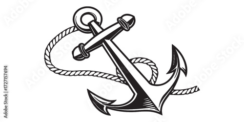 Classic black and white nautical anchor with rope, perfect for coastal designs, vintage logos, and maritime themes, striking graphic