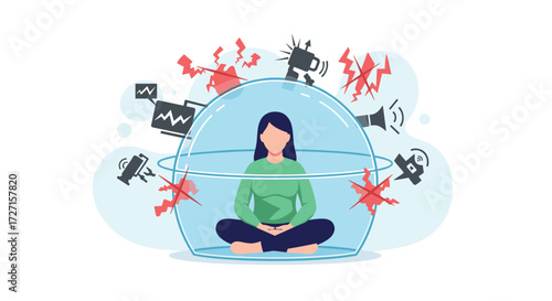 Woman meditating inside a protective bubble from external distractions.