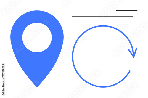 Blue location pin and circular arrow indicating motion or refresh near horizontal lines for navigation tools, journey, direction, updates, logistics, tracking, and connectivity. Simple flat metaphor