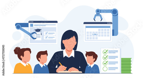 Teacher guiding students with educational technology and planning tools.