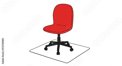 Red office chair on clear plastic mat, isolated on white background