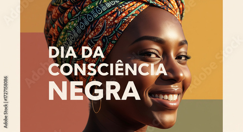 Cartaz Dia da Consciência Negra com retrato realista e turbante colorido