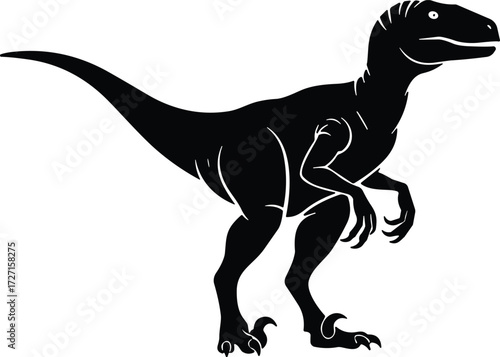 Black silhouette of Velociraptor dinosaur, prehistoric predator with claws, isolated raptor illustration for educational, scientific, and children’s content use