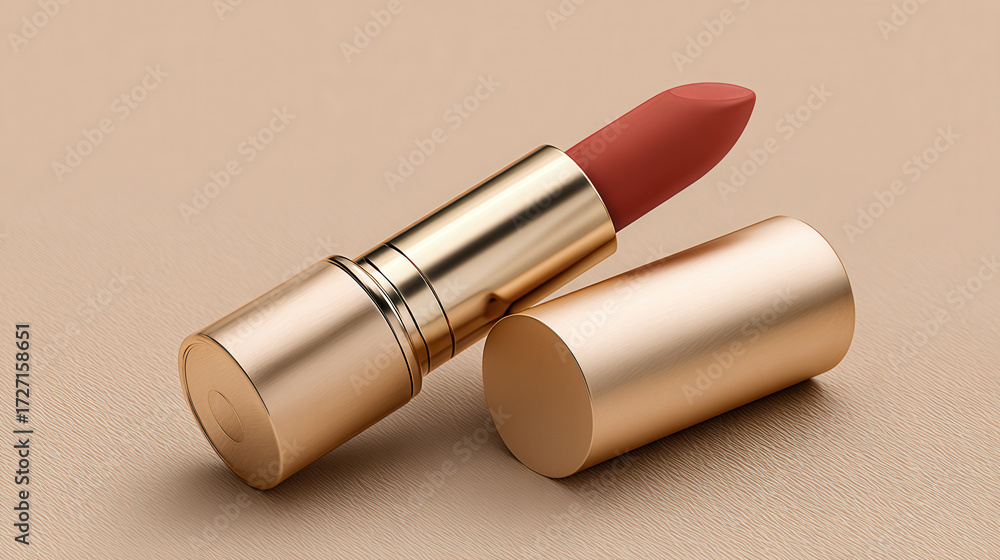 Obraz premium Luxurious lipstick in gold casing resting on soft beige surface highlighting beauty and elegance of cosmetics