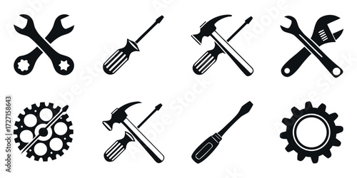 Essential repair tools icons set, representing mechanical skills and engineering prowess, perfect for a professional, clean repair manual